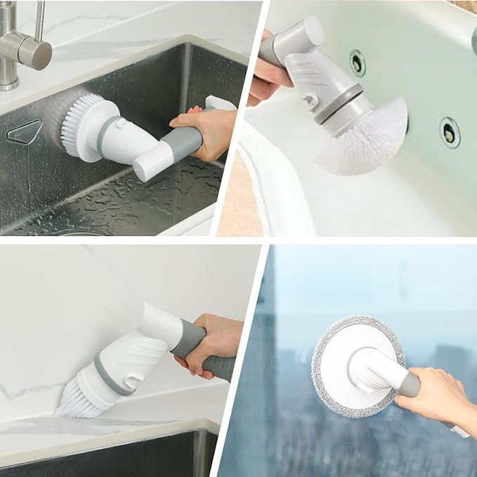 LANMU Electric Spin Scrubber Wand Compatible with Scrub Daddy/Mommy with Soft Silicone Sponge Hub, Power Cleaning Brush,5 Replaceable Heads, Ergonomic Handle for Oven, Stove, Sink, Shower, Tub, Tile