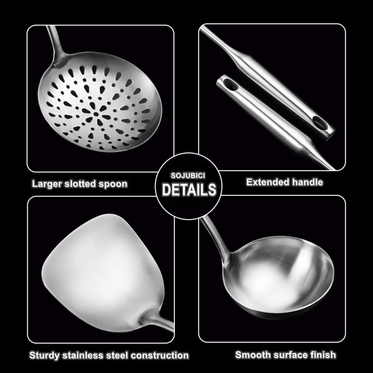 304 Stainless Steel Cooking Utensil Set 4-Piece Kitchen Utensils with Extra-Long Handles, Spatula,Ladle,Slotted Spoon,Slotted Spatula,One-Piece Construction, Ideal for Wok, Grilling, and Gifting