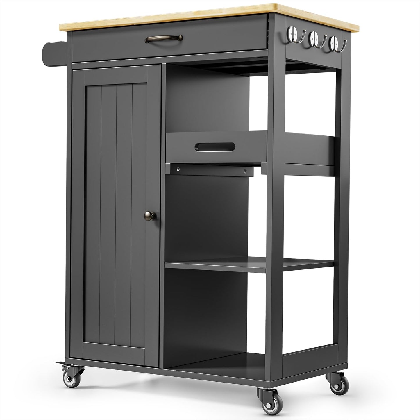 Gizoon Kitchen Island Cart with Solid Wood Top, Rolling Serving Utility Trolley Cart with Drawer, Cabinet, Towel Rack, Hooks and 3 Open Storage Shelves, Mobile Storage Cart for Dining Room, Bar, Black