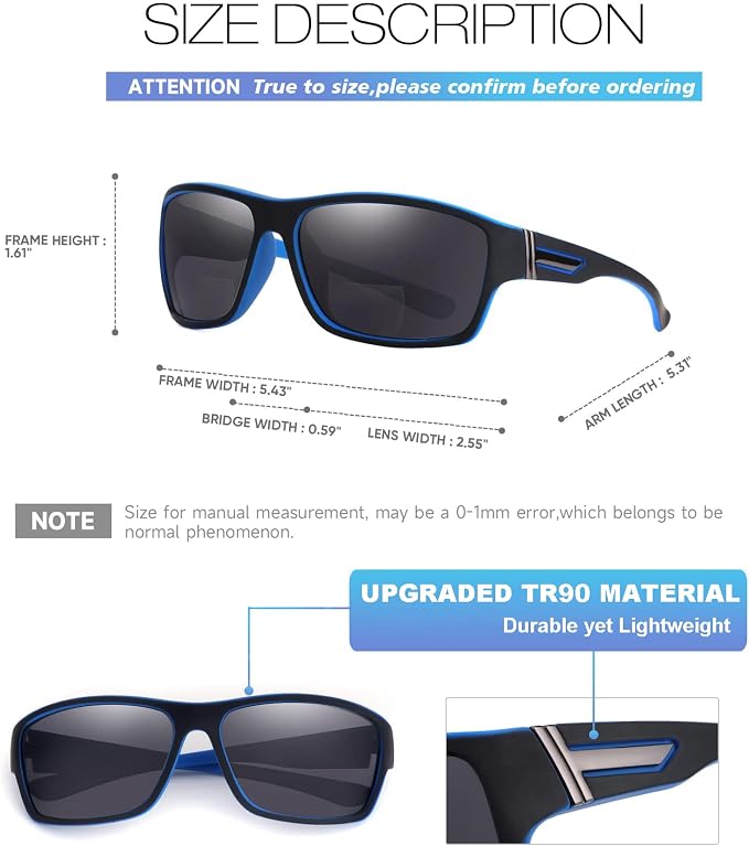 SKYOAK 2 PACK Upgraded Unbreakable Bifocal Reading Sunglasses Men TR90 Frame Wrap Around Design Glasses UV400 Protection Outdoor Sun Reader Sports/Driving (Black & Blue +3.5)