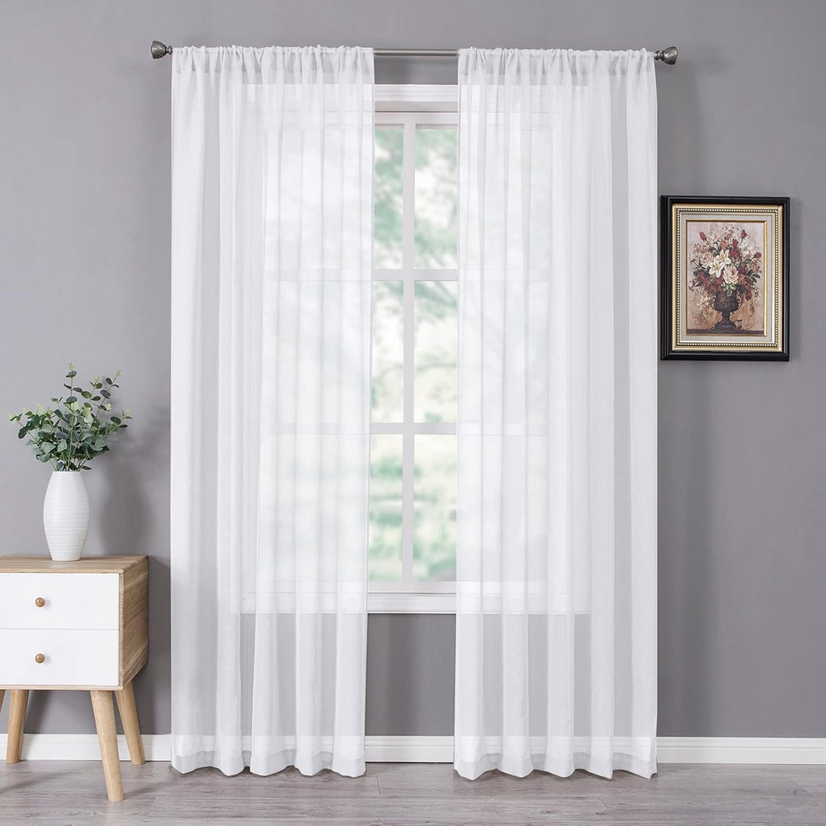 Tollpiz Sheer Curtain Linen Textured Living Room Curtains Sheer Light Filtering Rod Pocket Voile Curtain for Bedroom, 54 x 72 inches Long, White, Set of 2 Panels