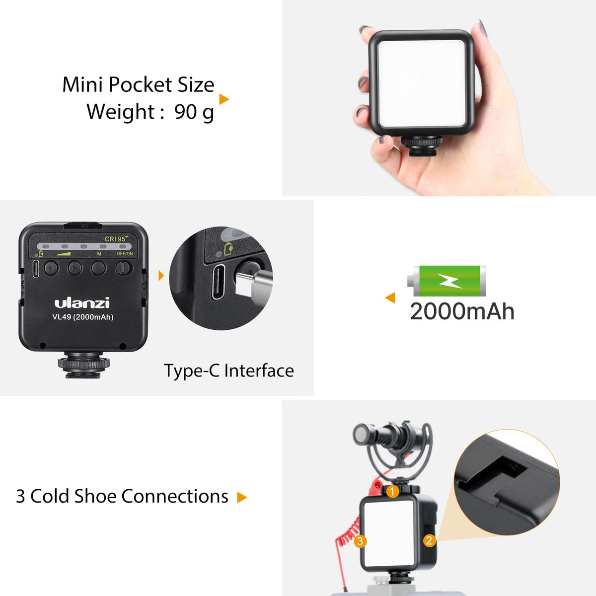 ULANZI VL49 2000mAh LED Video Light w 3 Cold Shoe, Rechargeable Soft Light Panel, Portable Photography Lighting for DJI OSMO Sony DSLR Canon Camera GoPro Vlogging