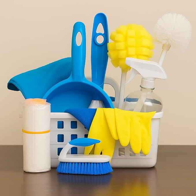 Total Clean Starter Kit – 10-Piece Cleaning Caddy Set for Home Apartments Dorms & Janitorial Use – Includes Cloths Gloves Brushes Spray Bottle Trash Bags Dustpan