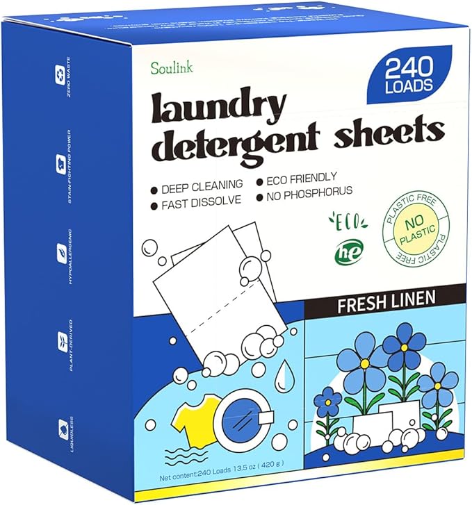 Soulink Laundry Detergent Sheets Fresh Linen Scent 240 Loads，Eco Friendly Detergent Strips for Travel & Home - No Plastic Jug Soap Strips, Plant-based, Hypoallergenic. Safe for Sensitive Skin