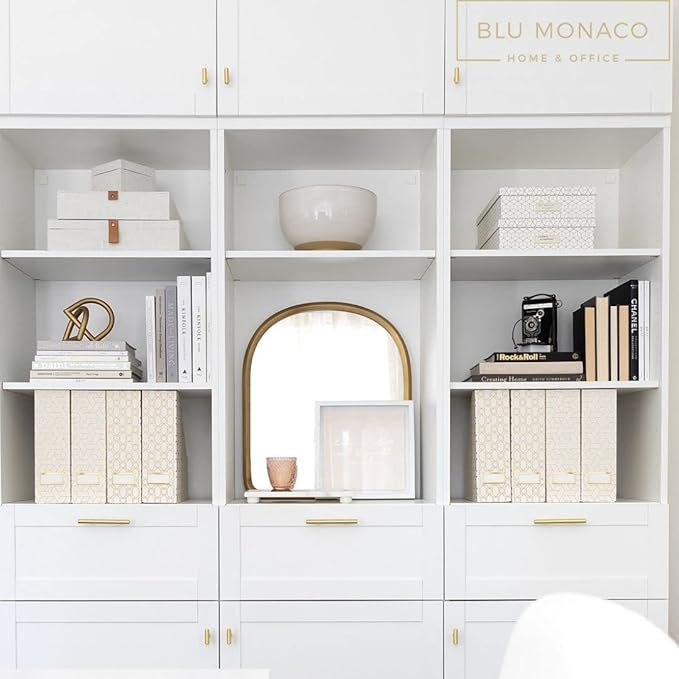BLU MONACO Decorative Foldable Magazine Storage Boxes for Desk - Set of 4 Gold Magazine Holders with Cream Woven Design – Vintage Magazine File Organizer – Book Bins & Office Décor Storage Solution