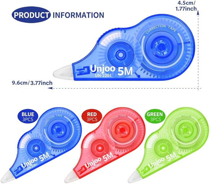White Correction Tape, Easy To Use Applicator, Fast Clean Tear-Resistant Tape For school Supplies, Office (9-pack, 5M/196, Red, Green, Blue, Tape Width 0.2in)
