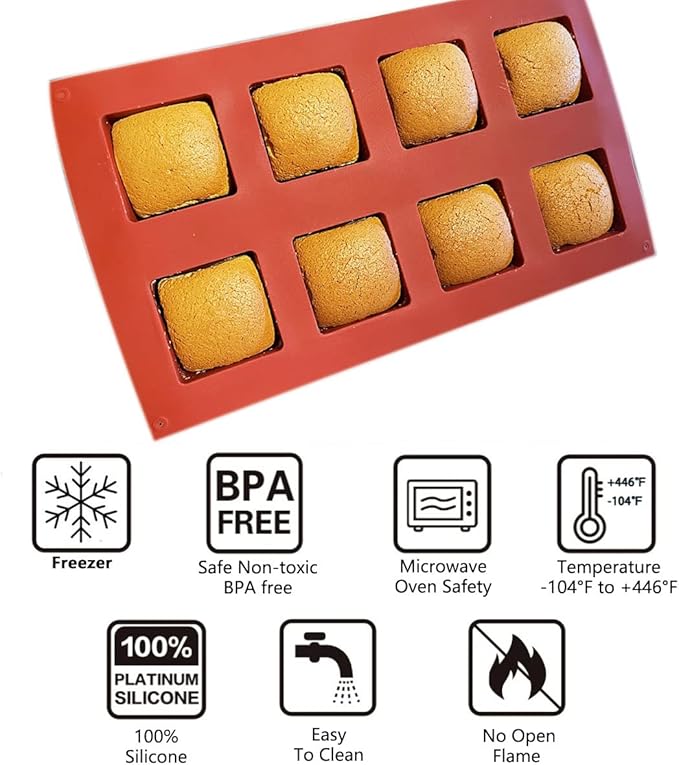 Large Square Silicone Molds, 2 Pack Candy Cake Mould, 8-Cavity Chocolate Molds for Baking Mousse Cake Dessert Cheesecake Pop Truffle Caramels Jelly Brownie for Party