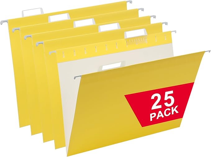 Yellow Hanging File Folders,25 Packs Letter Size File Folder,Designed for Bulky Files,Filing Cabinet,1/5 Adjustable Tabs for Office,School,Home