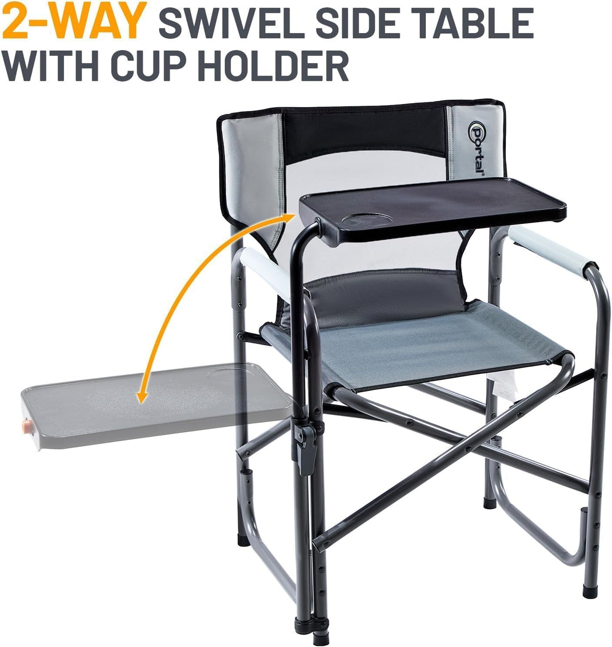 PORTAL Tablet Table Camping Directors Chair, Foldable Camp Chair with 2-Way Rotatable Side Table, Outdoor Folding Chairs for Adults, Heavy Duty Supports 300LBS for Lawn Patio Beach, Grey