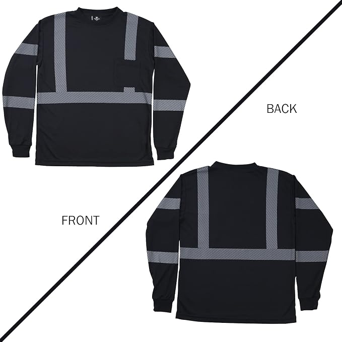 VENDACE 3 Pcs Safety T Shirts Reflective High Visibility Hi Vis Long Sleeve Construction Work Shirts for Men (Black,M)