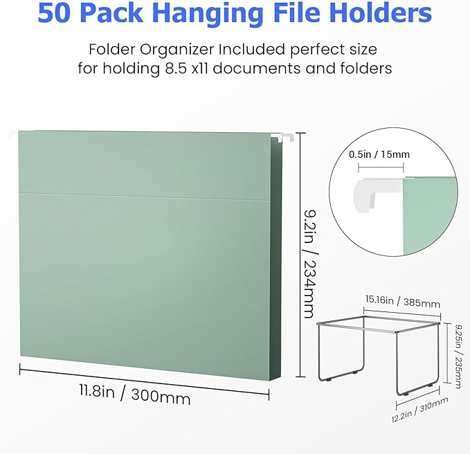 Hanging File Folders Letter Size, 50 Pack File Organizer Folders, 1/5-Cut Tabs With Hanging File Folder Framer, Heavy Duty 2 Inch Expansion, Stay Organized for Your Home and Office Bulk File.