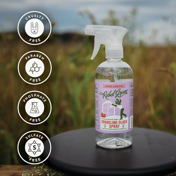 Rebel Green Sparkling Glass Spray - Streak-Free Natural Glass Cleaner for Windows, Mirrors, and Surfaces - Lavender & Grapefruit Scent - 16 oz - 2 Pack