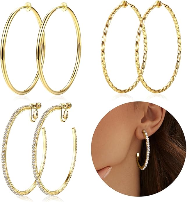 Clip On Hoop Earrings for Women Non Pierced Ears,Gold Clip On Earrings Non Piercing Big Stainless Steel Fake Hoops Lightweight 30-60mm