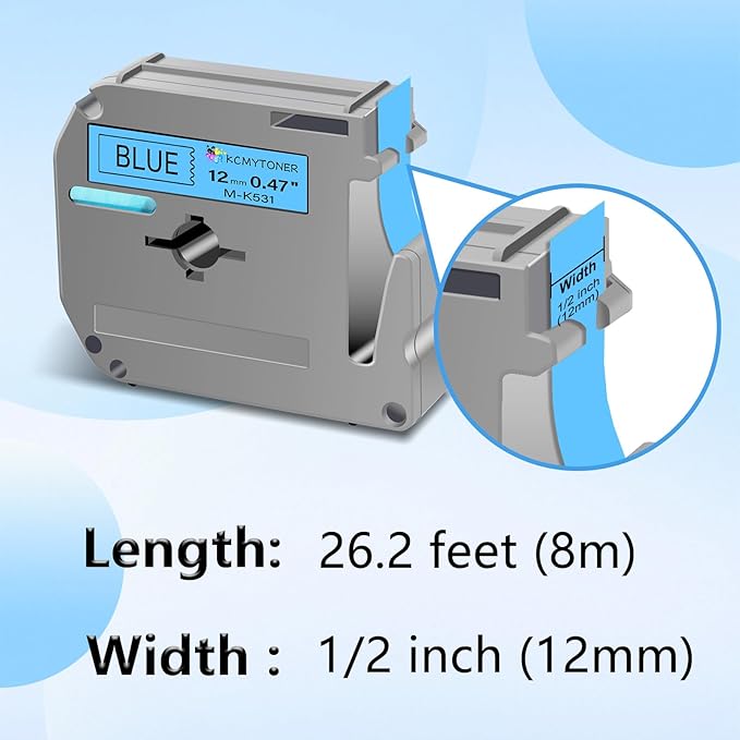 Compatible for Brother P-Touch M Tape M-K531 MK531 M531 MK-531 Black on Blue Label Tape 0.47" (12mm) x 26.2ft for PT-90 PT-M95 PT-70 PT-70BM PT-85 PT-80 PT-45 PT-65 Label Makers, 1 Pack