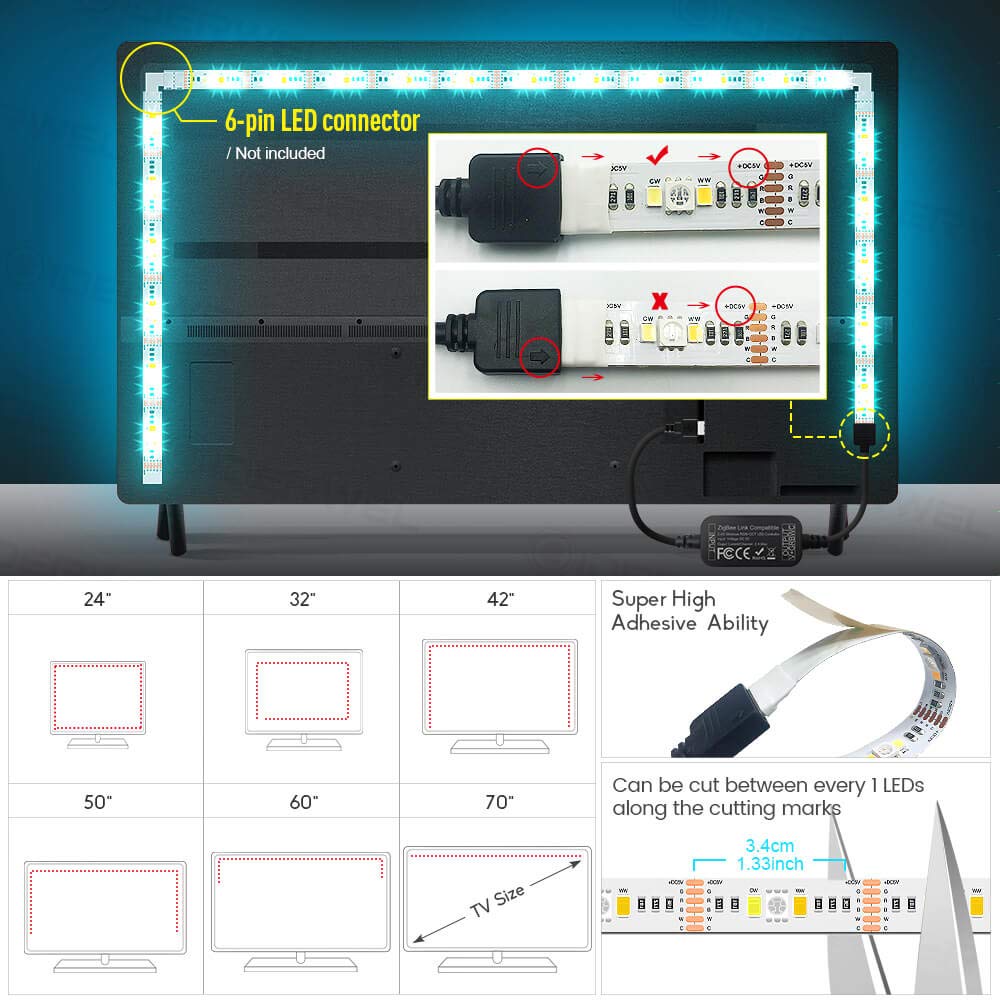 GIDERWEL Smart ZigBee 3.0 USB LED Strip Light RGBWW Kit Work with HUB Bridge TUYA Smart hub and Echo Plus for APP/Alexa Voice Control 6.56ft 5V RGB Cold Warm White RGBCCT Ambiance TV LightStrip Plus
