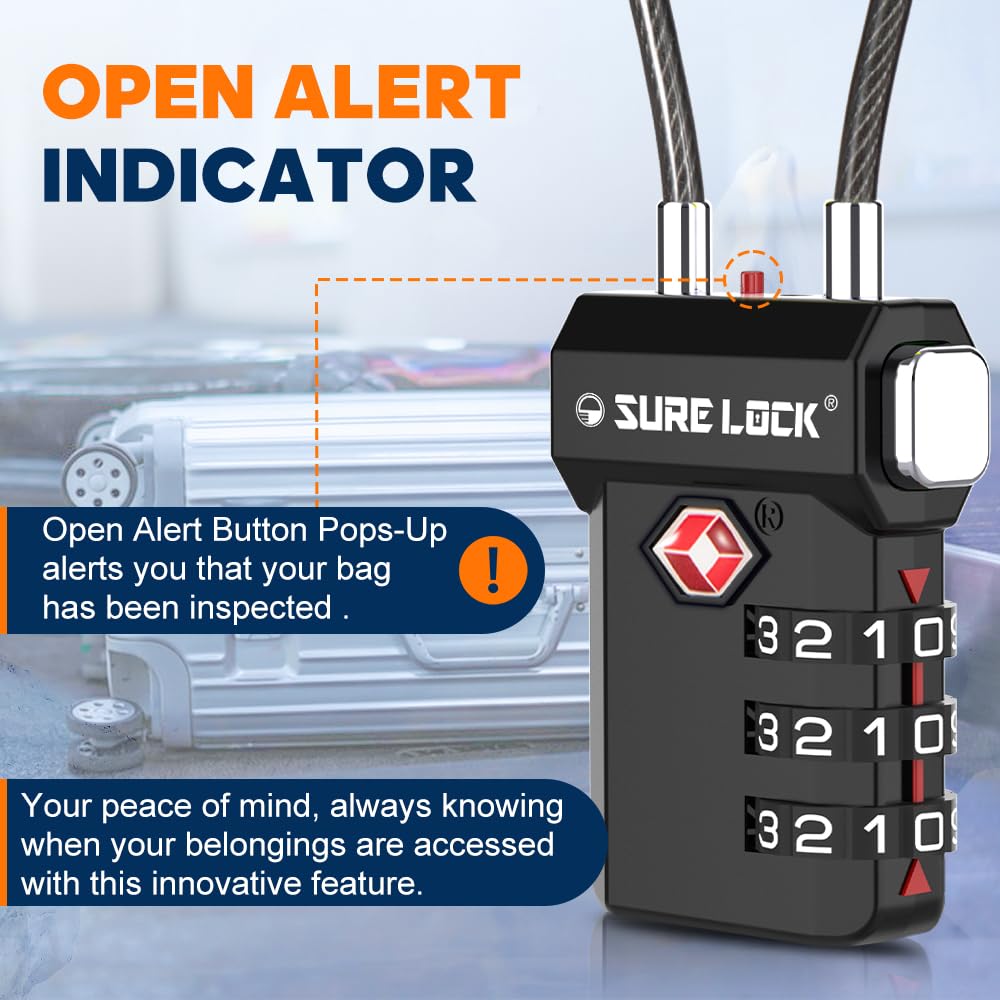 SURE LOCK TSA Approved 3-Digit Combination Luggage Locks – Open Alert Indicator, Re-settable Code with Zinc Alloy Body, Easy-Read Dials for Suitcase, Backpack, Gym Locker & Toolbox(Black 1 Pack)