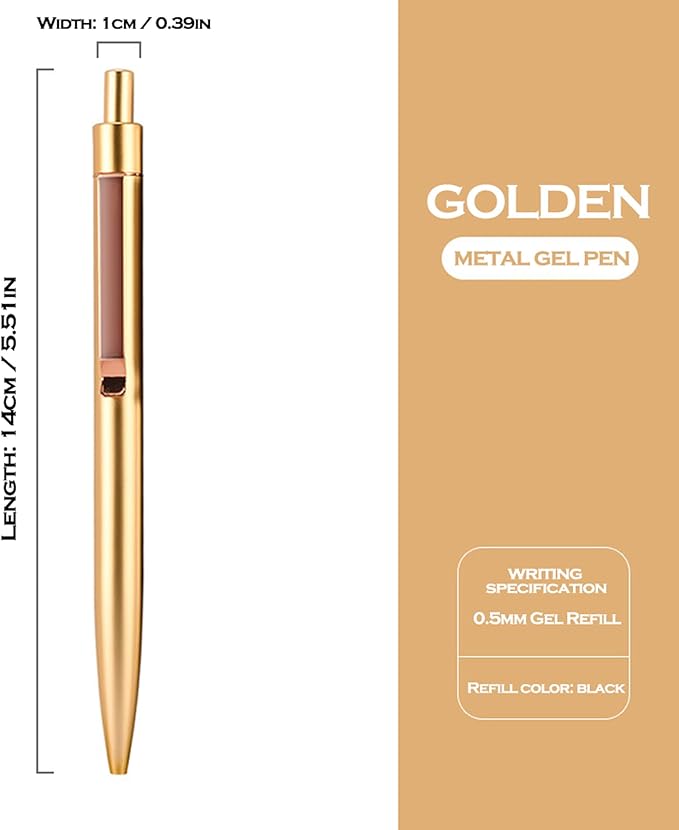 DUNBONG Golden Metal Gel Pen, Gel Ink Ballpoint Pen, Black Ink, 0.5mm Retractable Ink Pen (Golden)