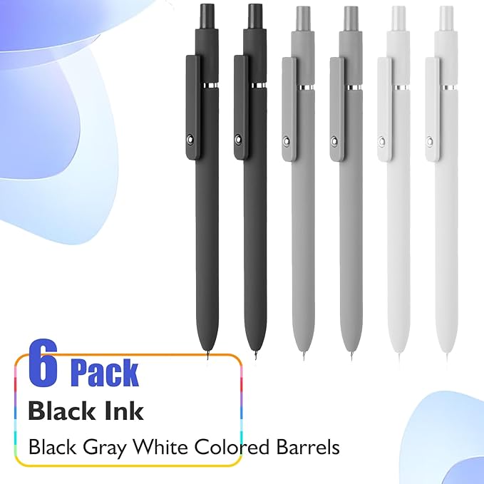 6Pcs Gel Pens, 0.5MM Black Gel Ink Pen Fine Point Smooth Writing Pens, College Essentials Pens, Father's Day Birthday Gifts for Men (6PCS Black Gray White)