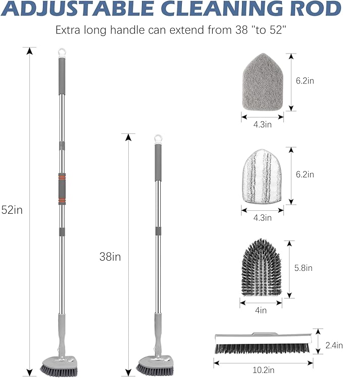 SetSail 4-in-1 Tile Tub Floor Scrubber with 52-inch Long Adjustable Handle Shower Cleaner Brush with V-Shaped Grout Brush and 3 Replacement Brush Heads for Bathroom Kitchen Sink Walls Tub Tile, Grey