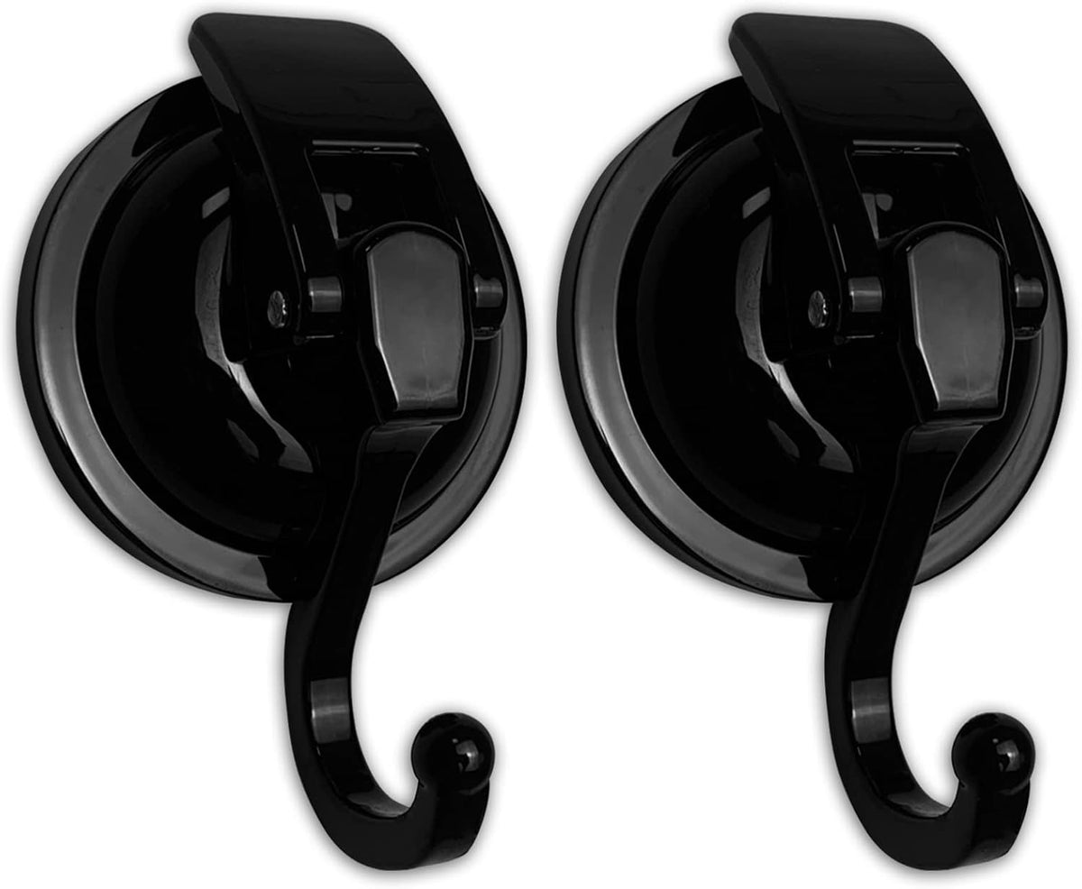 Heavy Duty Vacuum Shower Hooks - Glass Suction Cup Hooks, Reusable, No Hole Punched, for Bathroom Robe and Garland Decoration (Black, 2 Pack)