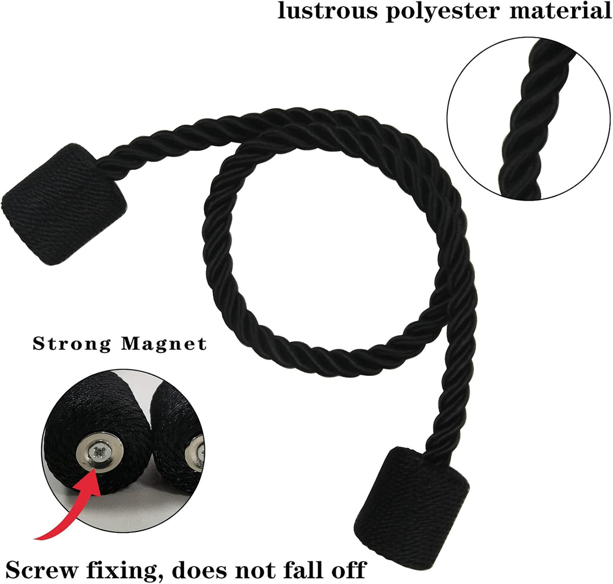 2 Pack Black Strong Magnetic Curtain Tiebacks Outdoor Elegant Decorative Tie Backs Modern Rope Tiebacks for Drapes Window Curtain Holdbacks for Draperies