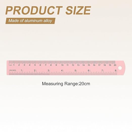 HARFINGTON 6pcs Metal Straight Ruler 20cm Metric SAE Aluminum Alloy Measuring Rulers Scale Tool with Hole for Measure Study Reading Classroom Office, Pink