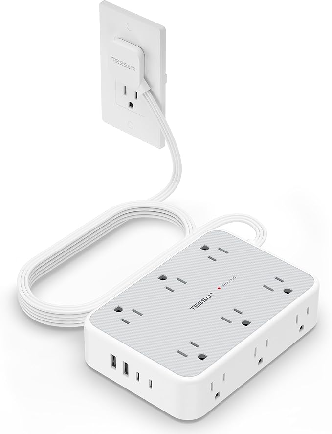 TESSAN 15 ft Extension Cord Surge Protector Power Strip, 12 Outlet Extender with 4 USB (2 USB C), 1800 Joules Protection, Flat Plug, Flat Extension Cord with Multiple Outlets, for Home, Office, Dorm