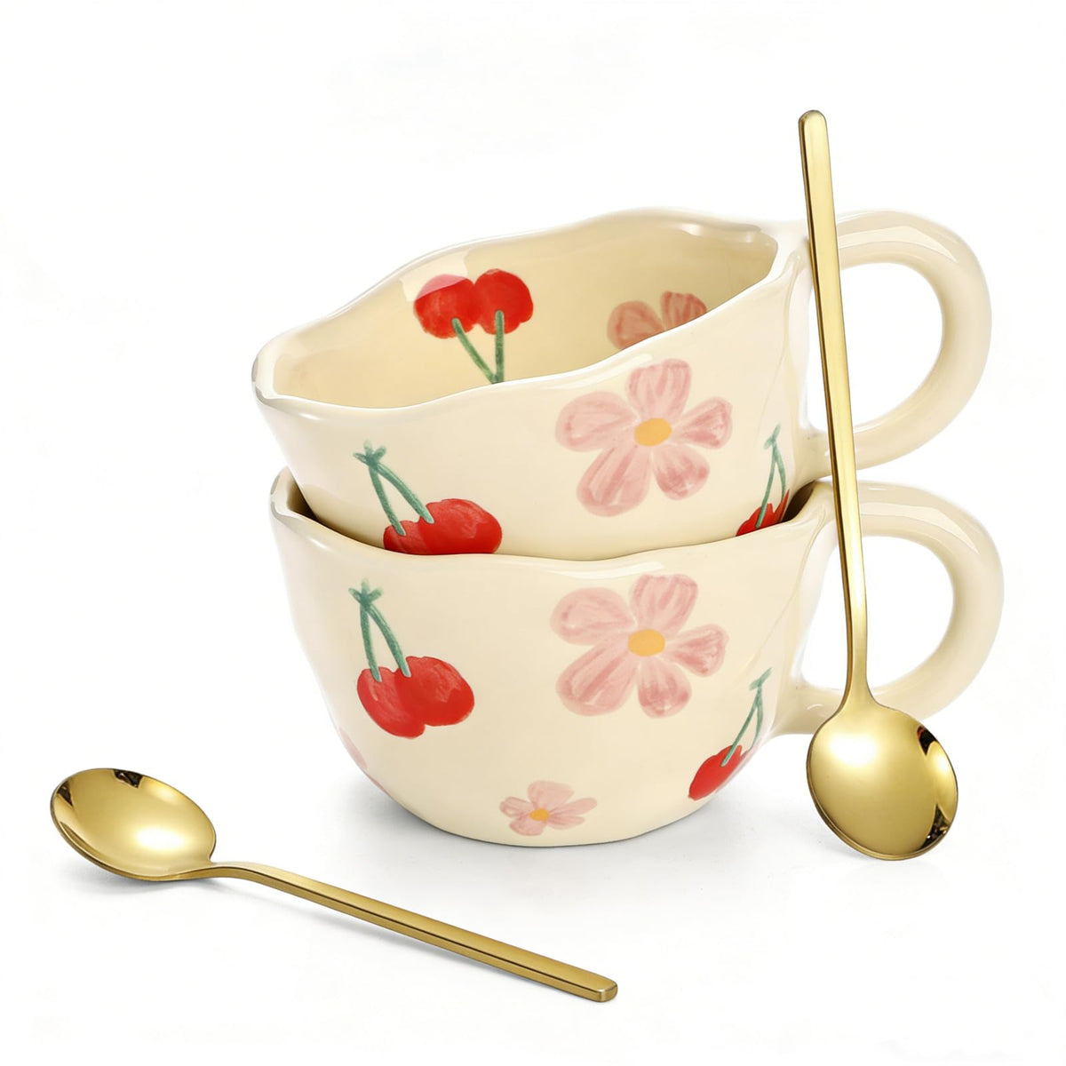 Yopay 2 Pack Ceramic Coffee Mug with Spoon, 8oz Handmade Hot Chocolate Mugs, Cute Cup for Girl Microwave Safe, Aesthetic Tea Milk Cup with Handle for Latte, Cocoa, Gift, Mom(Cherry flower)