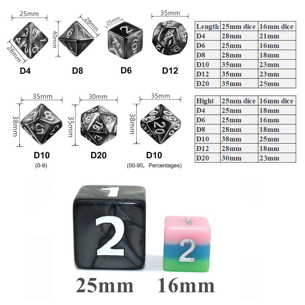 Dungeons and Dragons D&D Giant Black 25mm Polyhedral Dice Set - RPG Dice Bag, Pathfinder, MTG