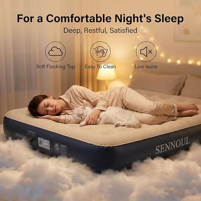SENNOUL Air Mattress Queen with Built in Pump - Upgraded Blow Up Bed, 2 Mins Quick Self Inflatable, 13"/650lbs Max, Strong Support, All Night No Lost Air, for Camping,Home,Guests & Portable Travel