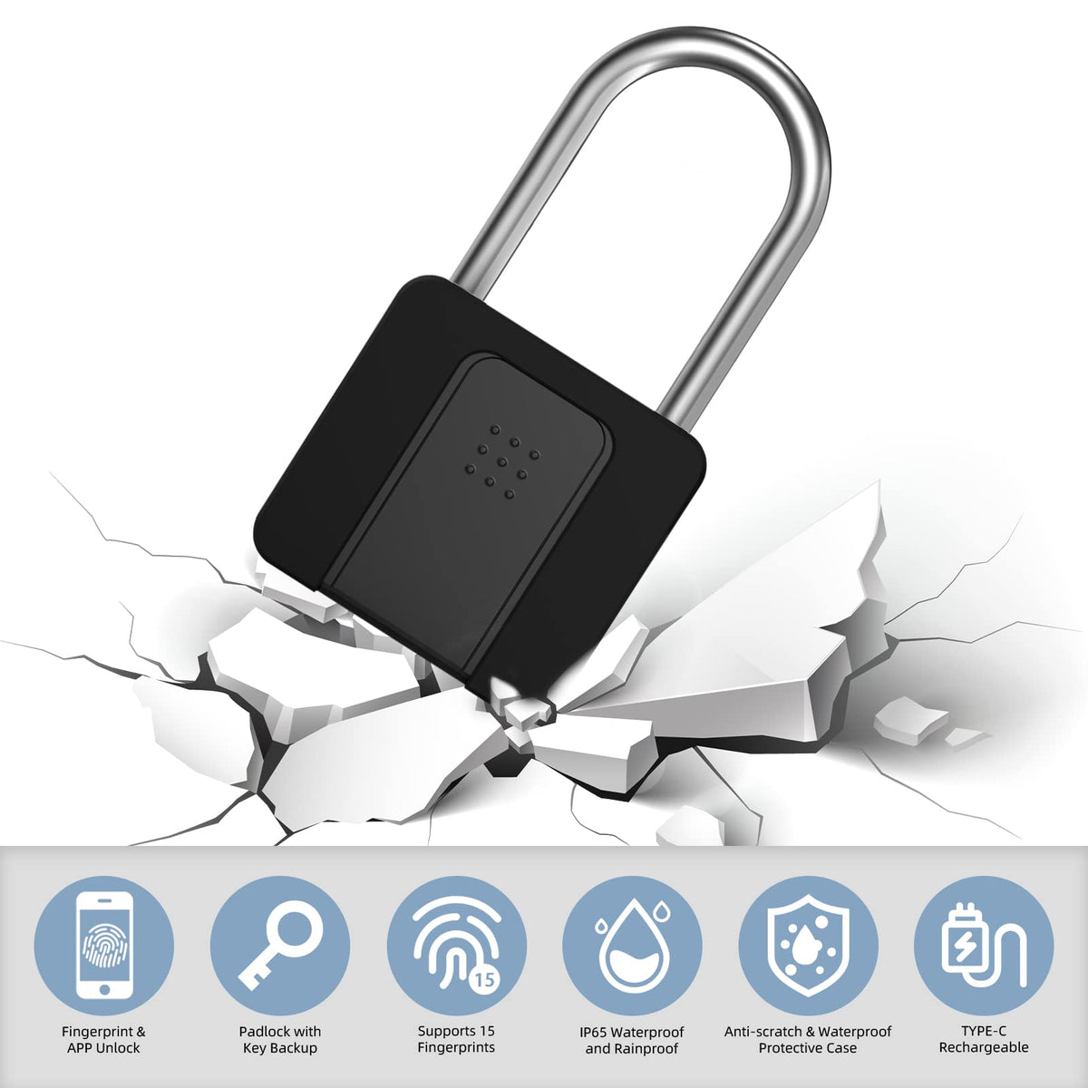 Fingerprint Padlock, Eseesmart Long Shackle Smart Padlock Bluetooth Lock with Mobile APP Outdoor Waterproof Lock with Protective Case for School Gym Locker, Fence, Gate, Toolbox