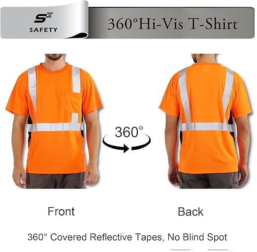 Hi Vis T Shirt Class 3 High Visibility Shirts for Men Safety Shirts with Reflective Strips and Pocket Breathable Construction Work Mesh Short Sleeve