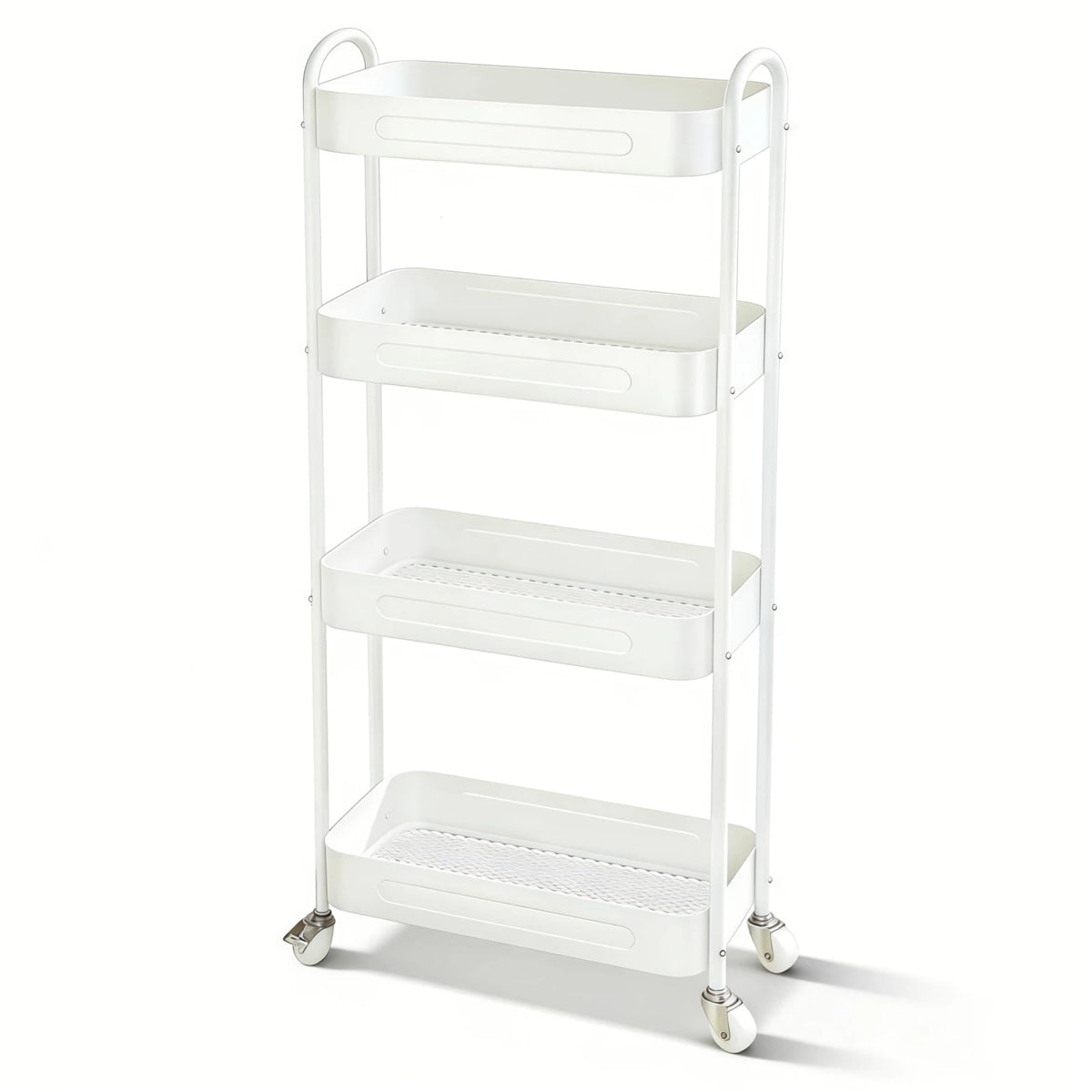 LIWNYRK 4 Tier Slim Kitchen Storage Cart for Narrow Space, 7.1'' Wide Metal Rolling cart with Wheels and Lockable Casters, Sturdy Mobile Thin Shelf for Laundry Room Between Washer and Dryer, White