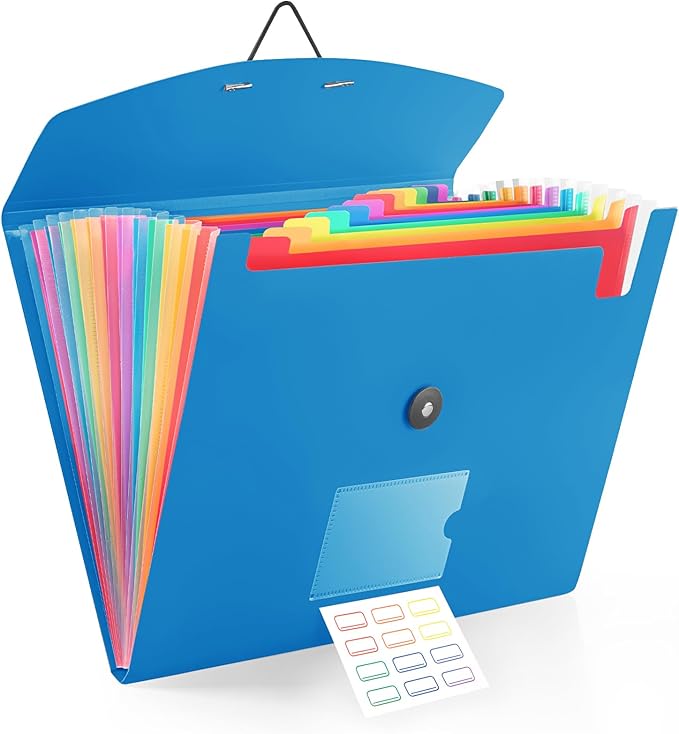 13 Pocket Accordion File Organizer with Elastic Closure, Expanding File Folder for Letter Size A4 Papers, Ideal for Home, Office Supplies, College Essentials - Blue