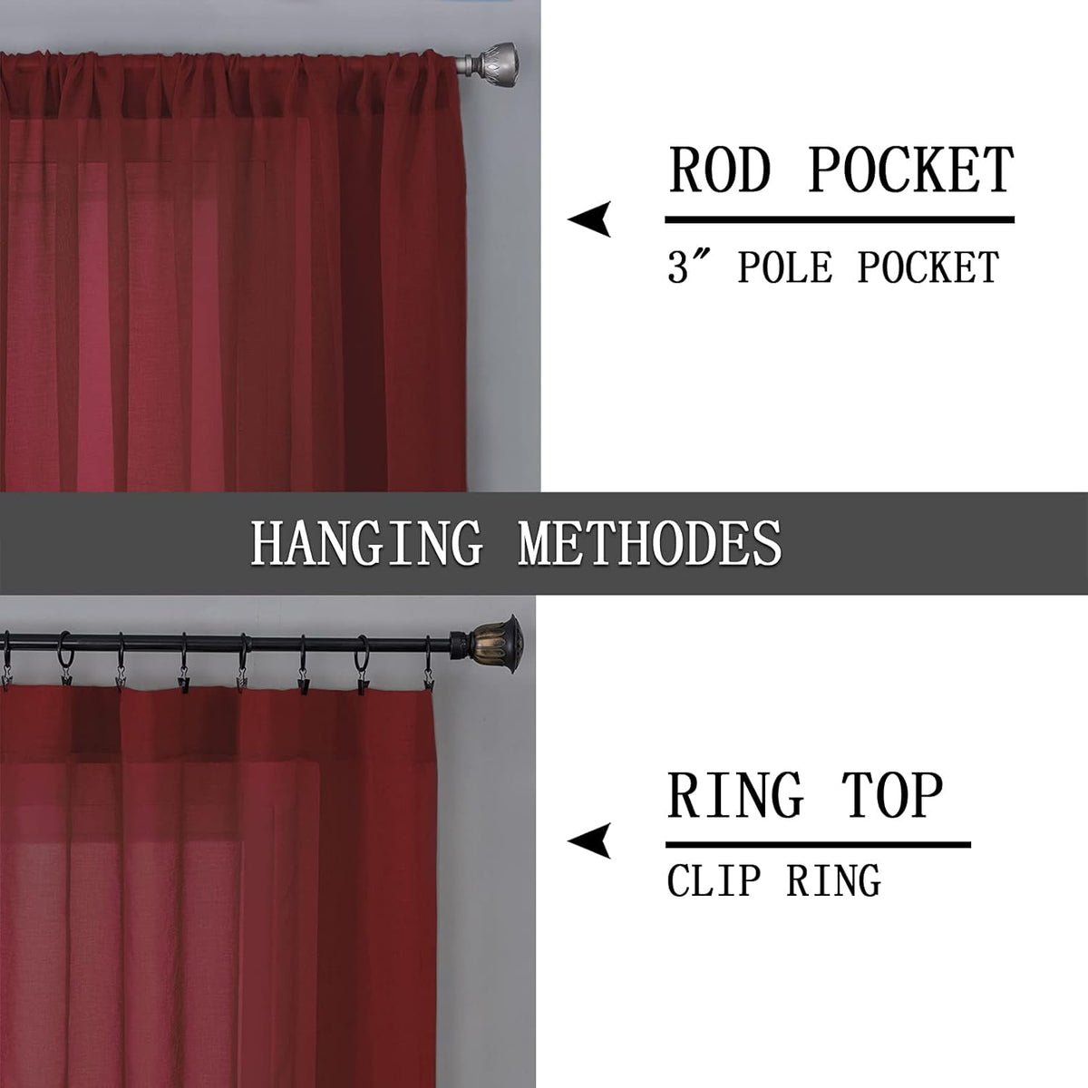 Tollpiz Sheer Tier Curtains Kitchen Linen Textured Half Curtain Sheers Light Filtering Rod Pocket Voile Bathroom Short Curtains for Farmhouse, 25 x 30 inches Long, Burgundy Red, Set of 2 Panels