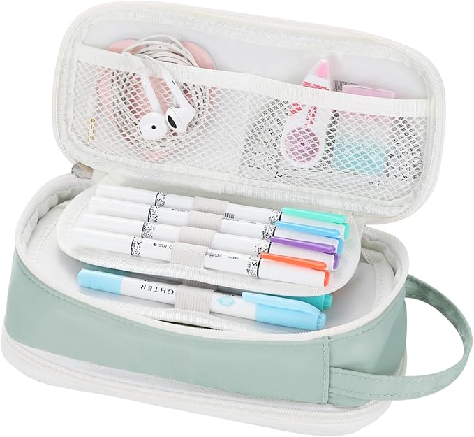 Dugio Big Pencil Case for Girls Teens Kids Zipper Pencil Pouch with Handle Organizer Pencil Bag Aesthetic Pencil Pen Case for School Green