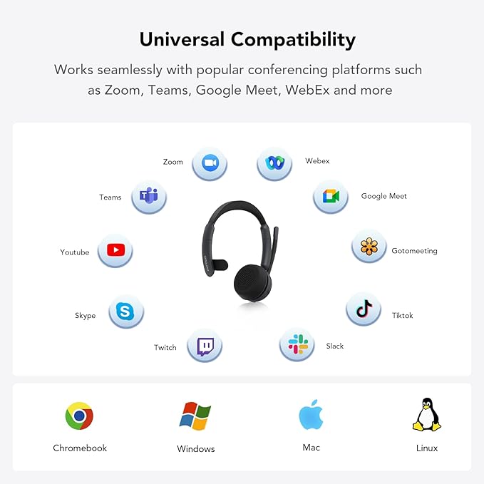 NUROUM Wireless Headset with Mic for Work, Trucker Bluetooth Headset with Noise Cancelling Microphones, Single Ear, Multi-Point/Mute, 45H Playback for Call Center/Work from Home/Office HP31SN