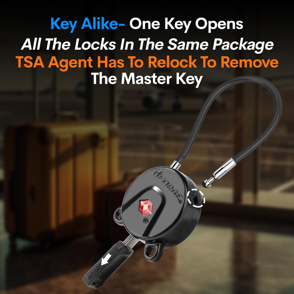 Forge TSA Approved Luggage Locks Ultra-Secure Dimple TSA006 Key Travel Locks with Zinc Alloy Body- Black 2 Cable Locks