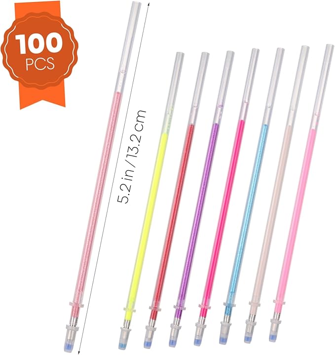 100pcs Premium Glitter Gel Pen Refills 0. 8mm Medium Point Glitter Markers Colorful Smooth Writing Neon Pen for Crafting, Doodling, Drawing, and Adult Coloring Book
