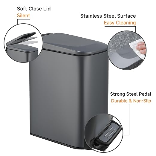 TIPGO Slim Bathroom Trash Can with Lid Soft Close, 6 Liter / 1.6 Gallon Stainless Steel Garbage Can with Removable Inner Bucket, Step Pedal, Small Trash Cans for Bedroom, Office, Kitchen (Grey)