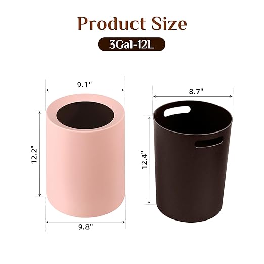 2 Pack Round Modern Trash Can Bedroom, 3Gal/12L Bathroom Trash Can Hidden Bag, Open Top Trash Bin Round Plastic, Minimalist Pink Garbage Can with Inner Bucket (with 2 Handles) for Kitchen Office