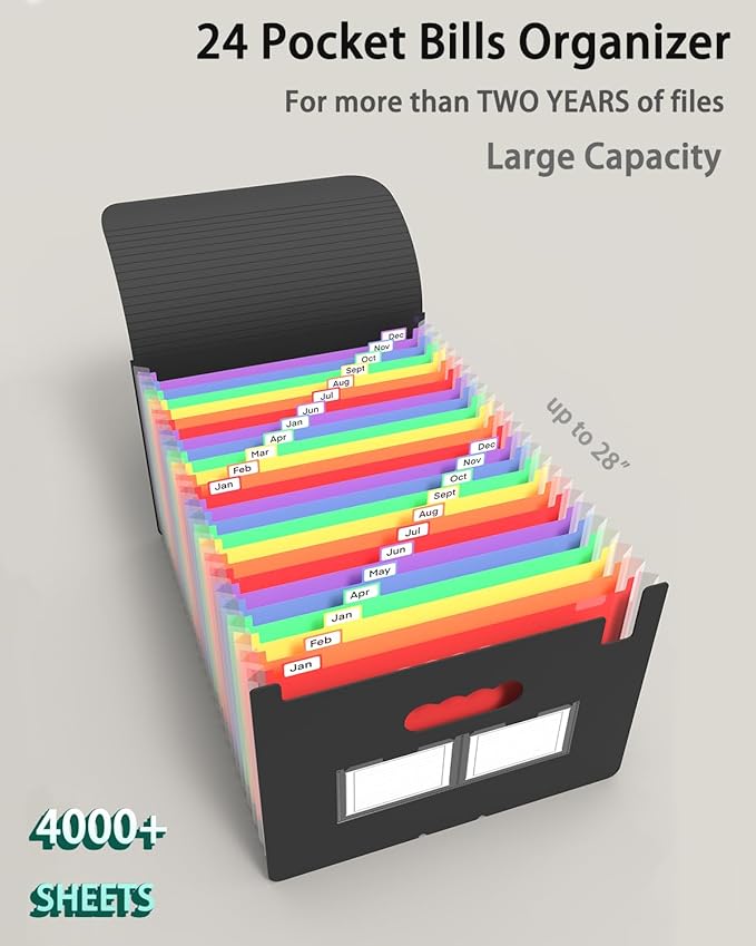 2 Pack Expanding File Folder, 24 Pocket Accordian File Organizer A4 Letter Size Portable Document Organizer with Colored Tabs, Expandable Desktop Accordion Folder