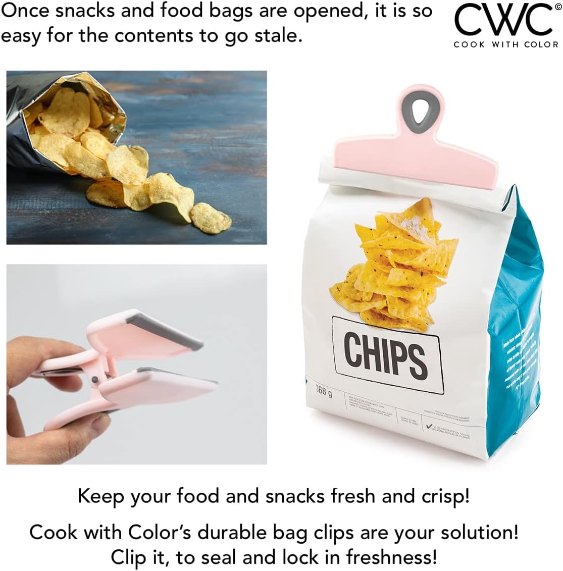 COOK WITH COLOR Bag Clips - Heavy Duty Chip Clip and Refrigerator Magnet Clips for Food Storage with Air Tight Seal Grip, Pink, Pack of 4 Large Clips