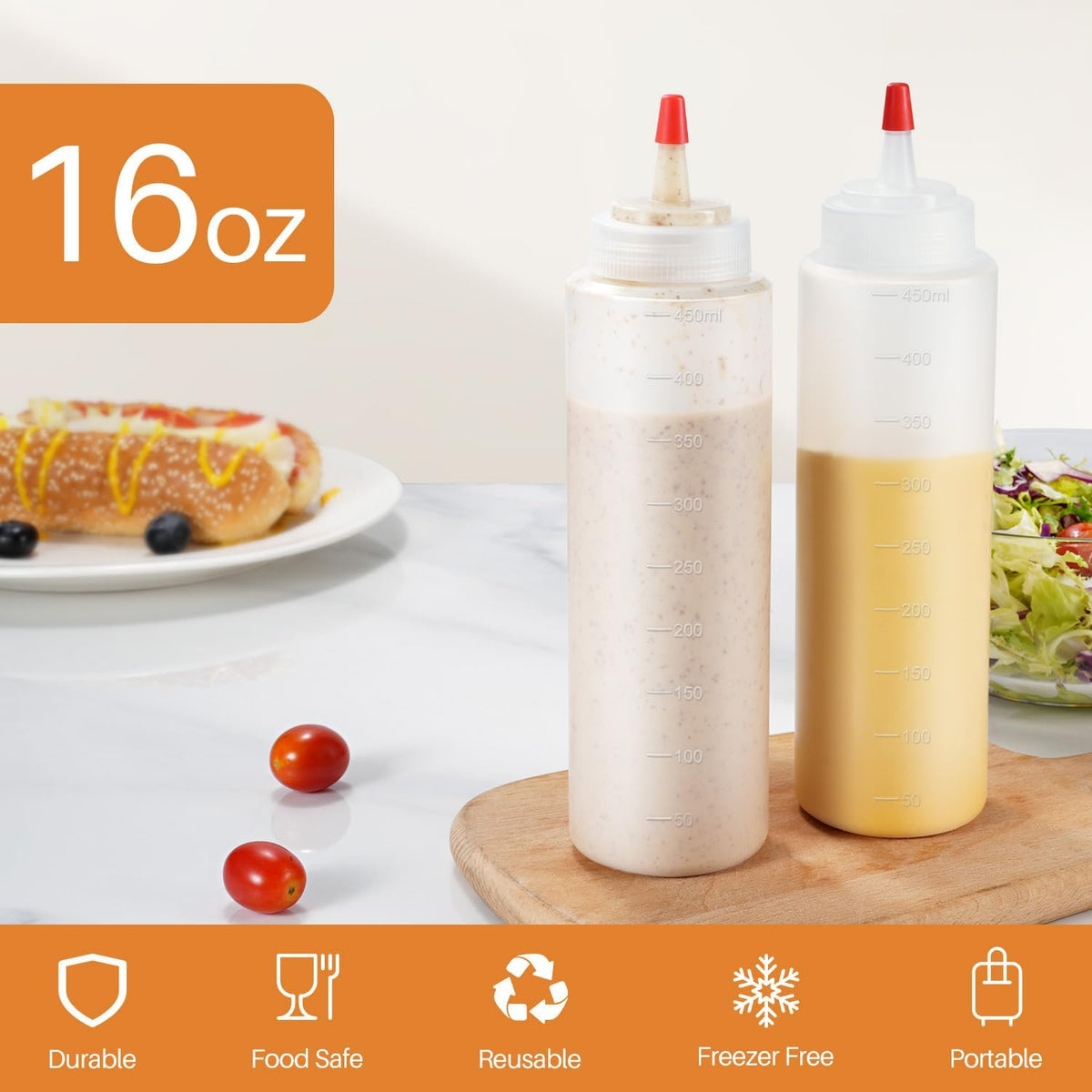 Squeeze Bottles, 16oz Leak-Proof Wide Mouth Condiment Squeeze Bottles for Liquids Sauces Ketchup Oil, 6 Pack