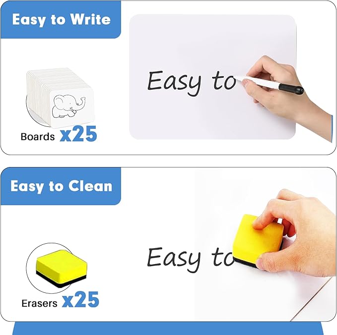 Dry Erase Lapboards, HERKKA 25 Pack Double Sided Small Dry Erase Whiteboards 9 x 12.5 Inch with 25 Erasers, Small Dry Erase Boards for Classroom Teacher Supplies, Personal White Boards for Students