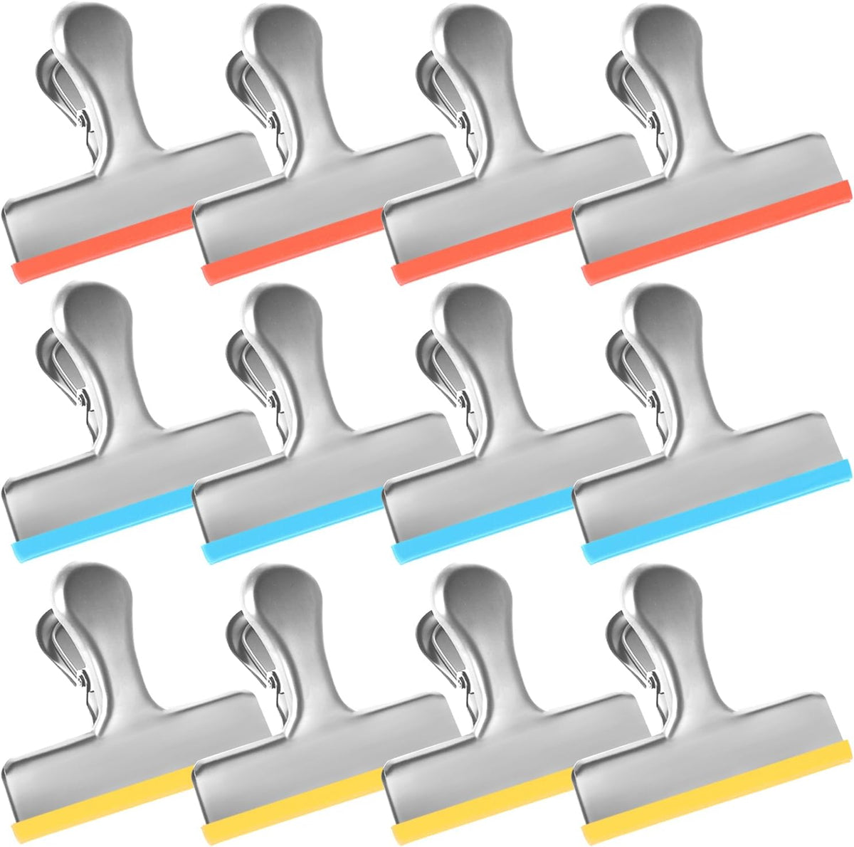 HOUSE AGAIN 12 Small Pack Stainless Steel Chip Bag Clips Covered with Silicone - NO More Sharp Edges - Color Coded for Food Bags - Air Tight Seal, Heavy Duty for Kitchen and Office, 2.5 Inches
