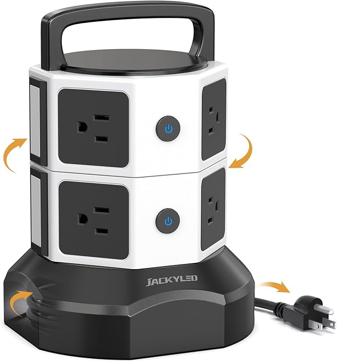 Tower Surge Protector Power Strip, JACKYLED Extension Cord with Multiple Outlets, 8 Outlets 4 USB Ports(2 USB C) 1625W/13A Retractable Cord Charging Station with 1050J Protection, Home Office Supplies