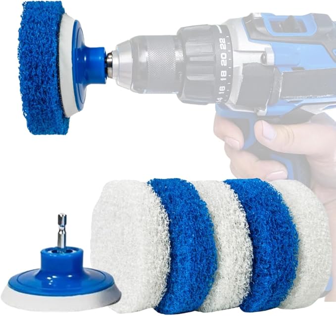 RotoScrub 7 Pack Multi-Purpose Drill Brush Kit for Cleaning Bathrooms, Showers, Tubs, Tile, Floors, Sinks, Toilets, Grout and Grime Removal, Reversible Blue and White Scrub Pads