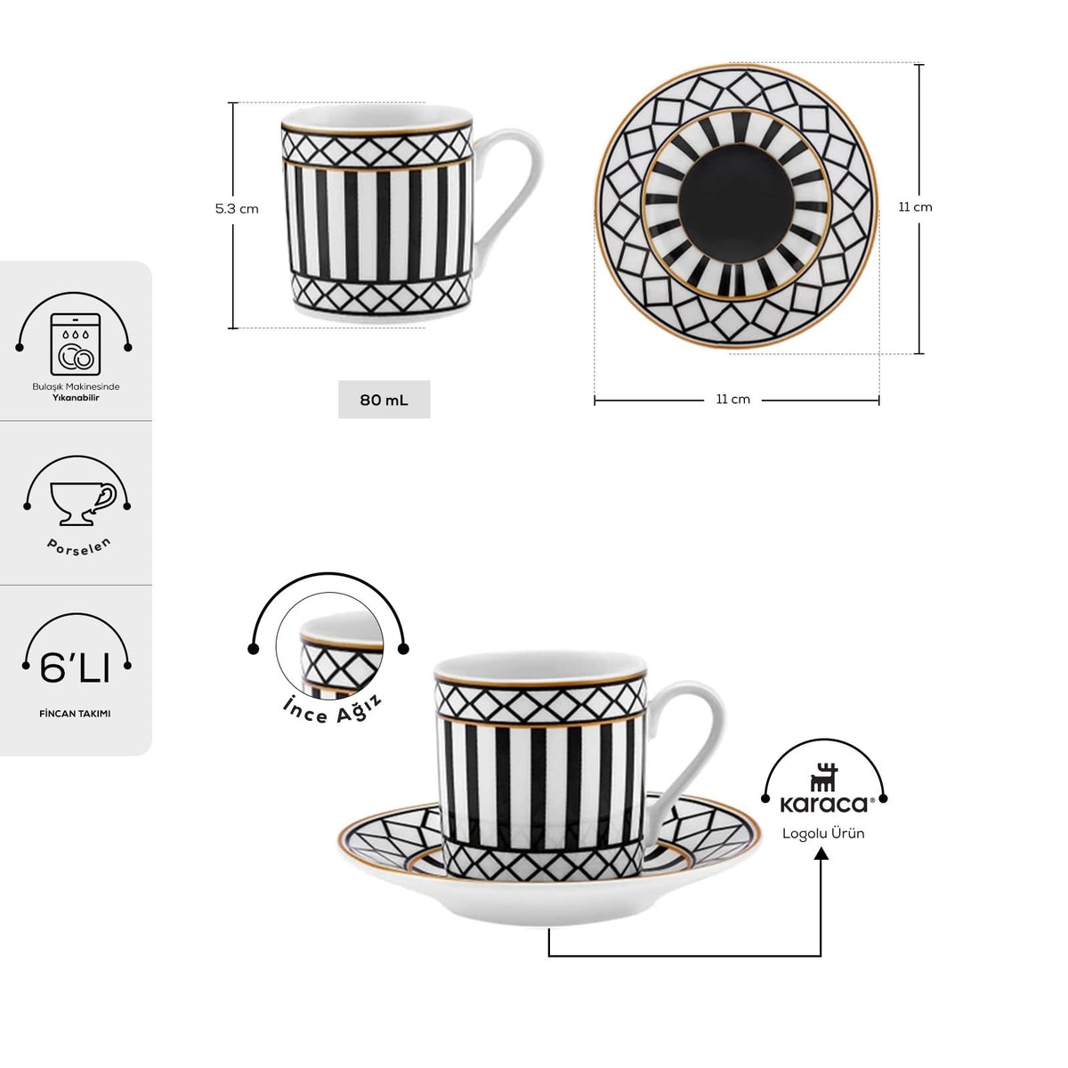 KARACA Helenistic Turkish Coffee Cups Set for 6, 12 Piece Porcelain Espresso Cups with Saucers, 80ML Demitasse Coffee Set, Black, Modern Elegant Design for Home & Gift