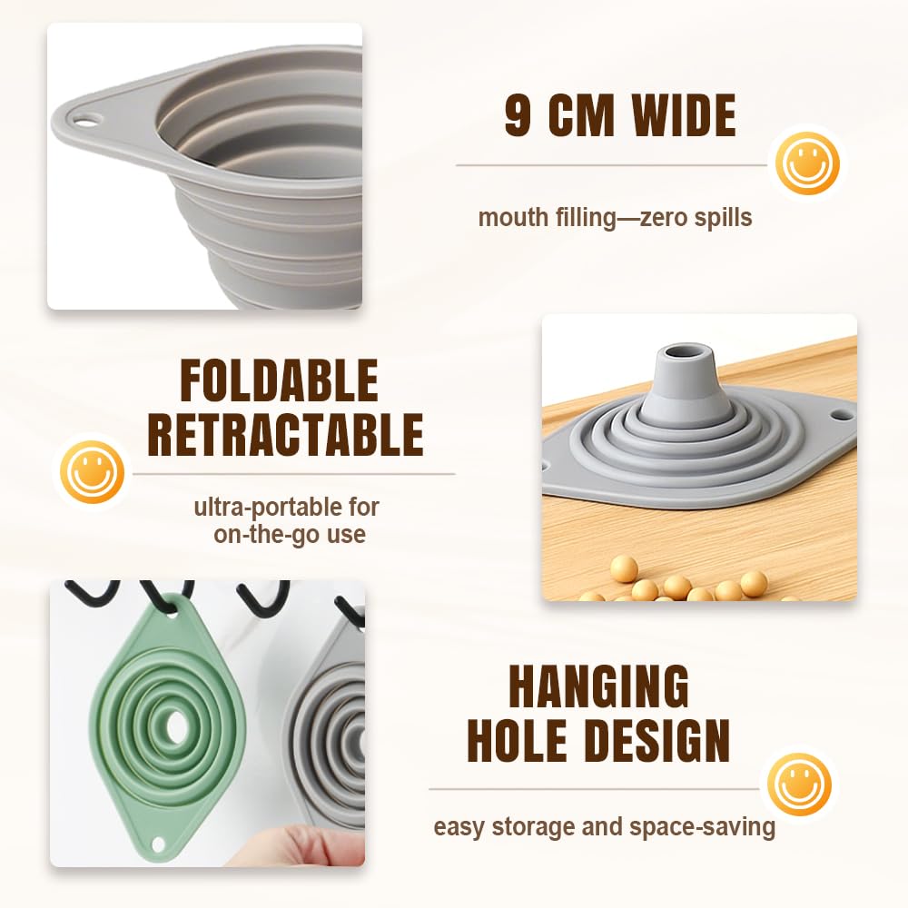 Kitchen Funnel Set 3 Pack, Collapsible Silicone Funnels for Filling Water Bottles & Small Bottles | Food-Grade, Easy Clean & Space-Saving (Green)